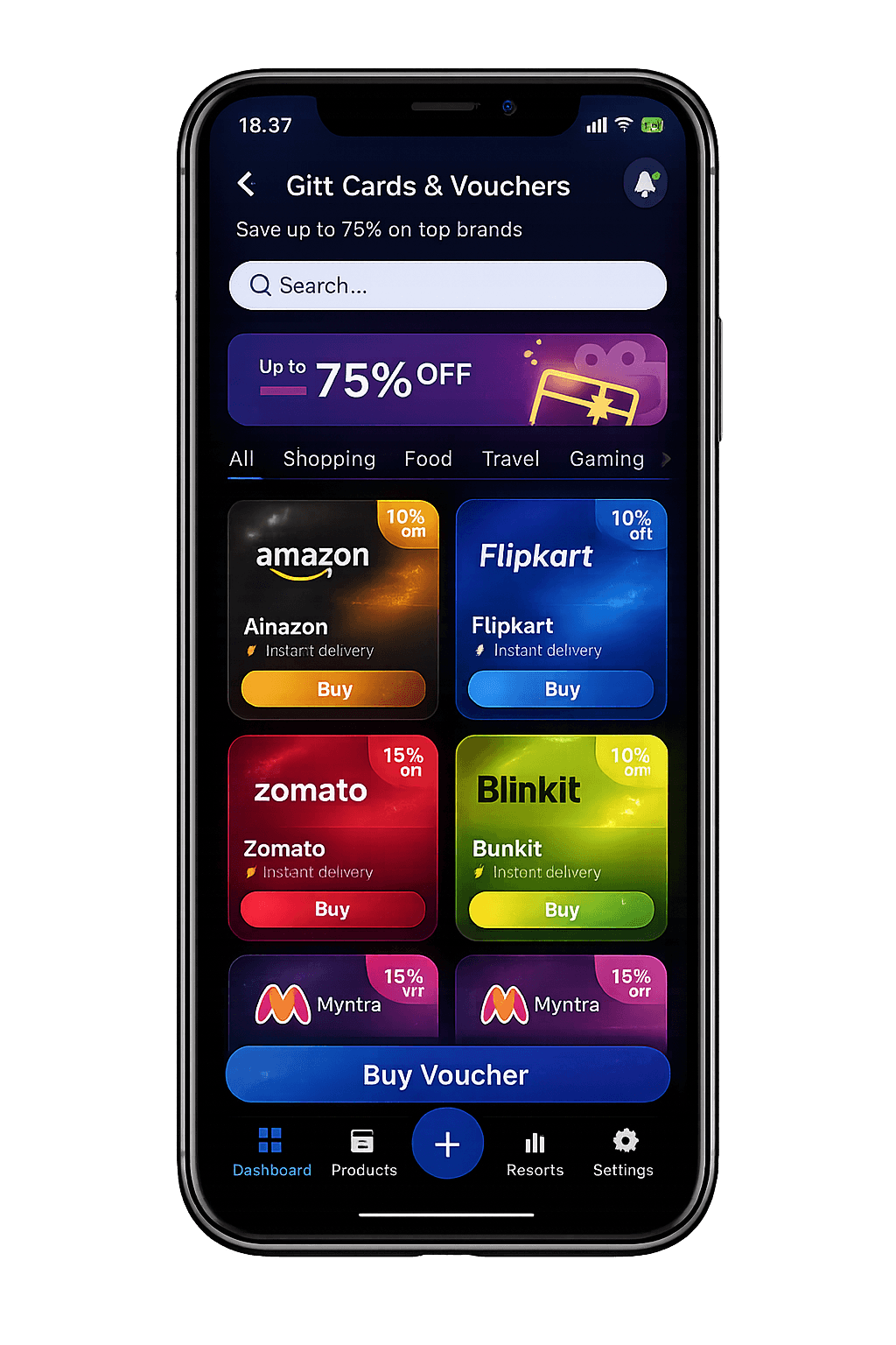 Bilzy app voucher marketplace mockup