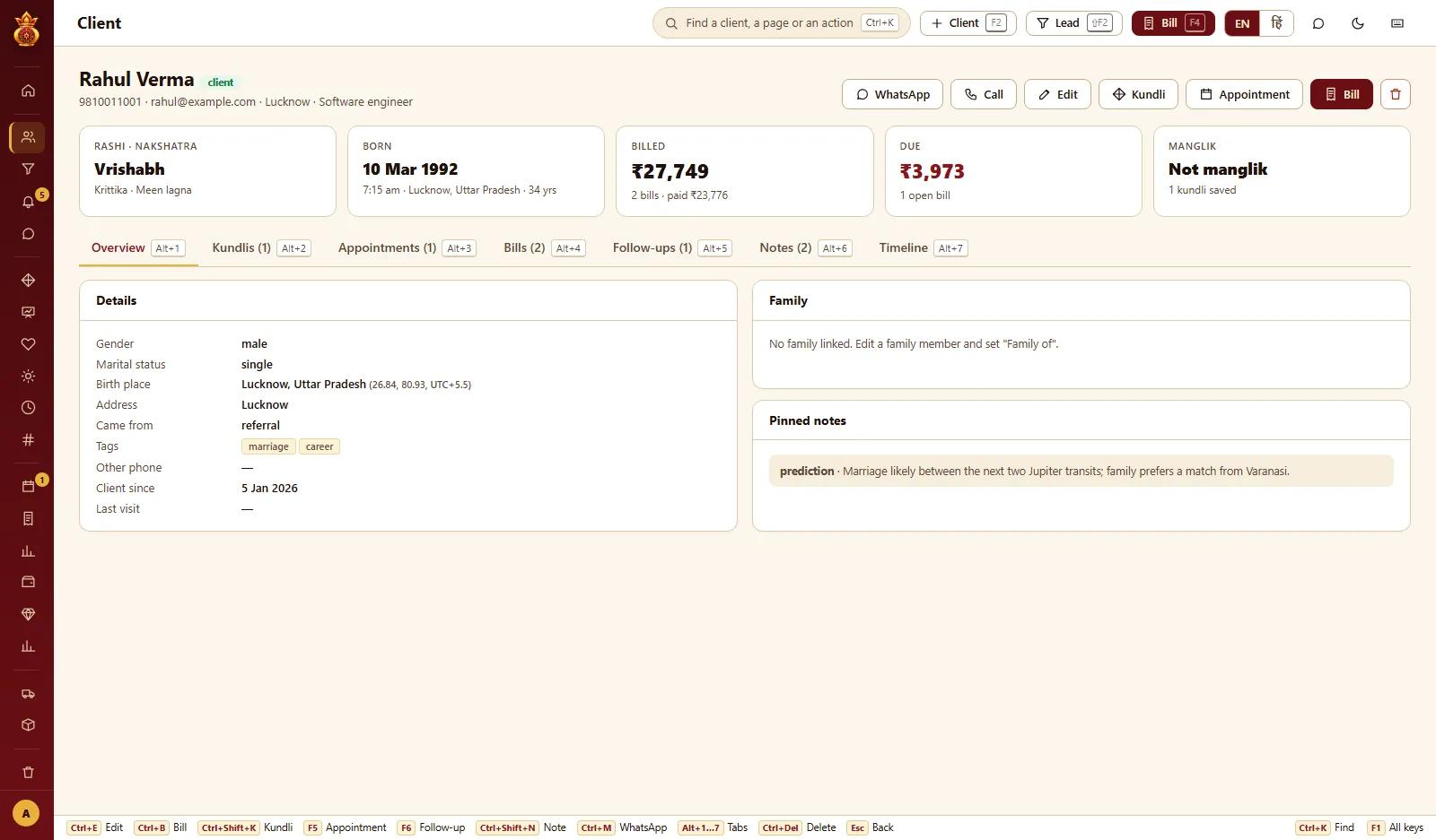 Bilzy Jyotish client profile with rashi, birth details, billed amount, dues and tabs for kundlis, appointments, bills and notes