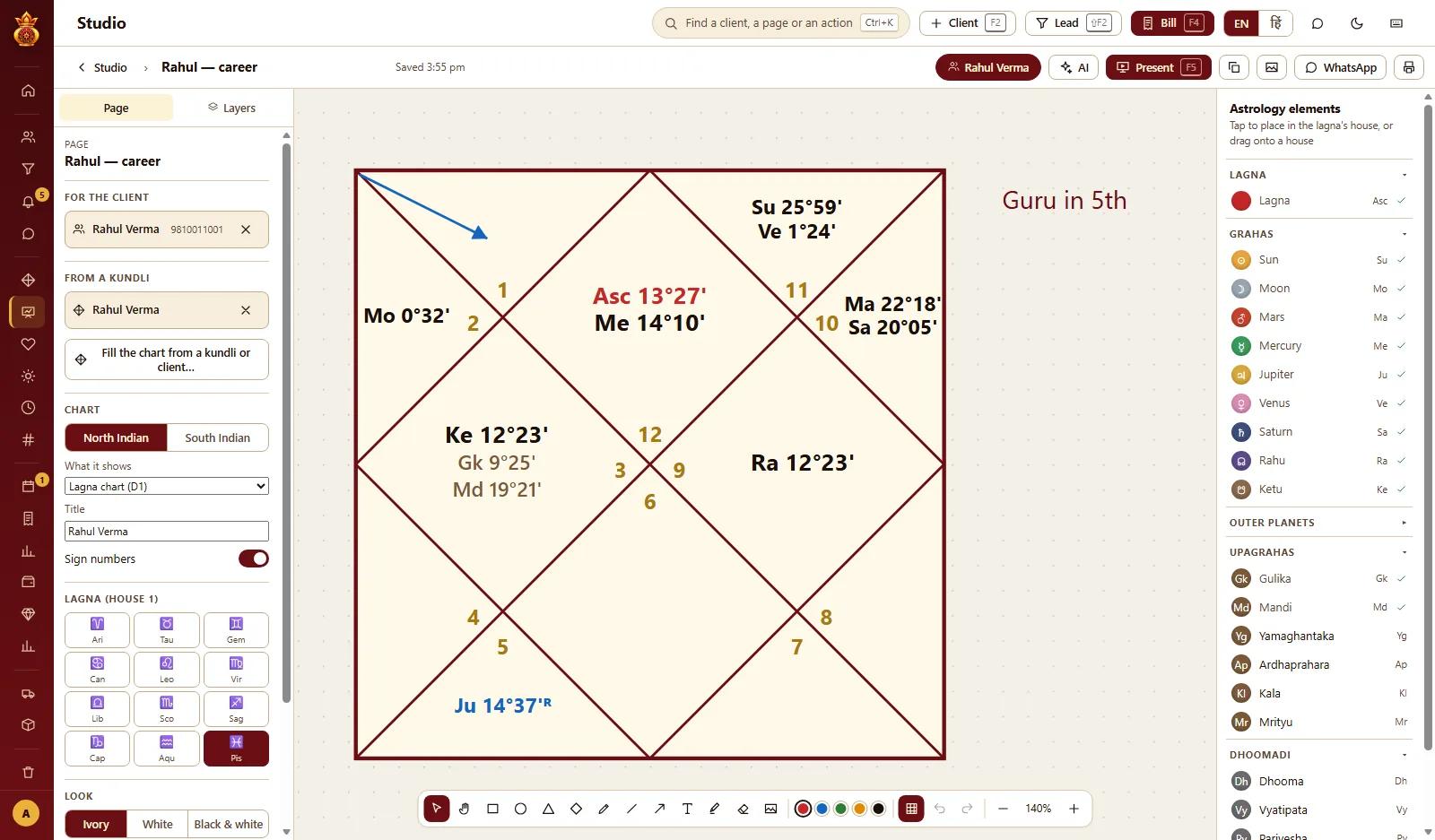 Bilzy Jyotish Studio — a North Indian chart with the grahas palette, drawing tools and properties