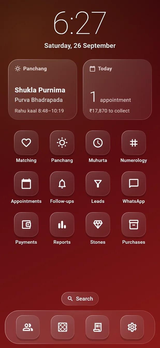 Bilzy Jyotish Android app home with the day's panchang and today's appointments