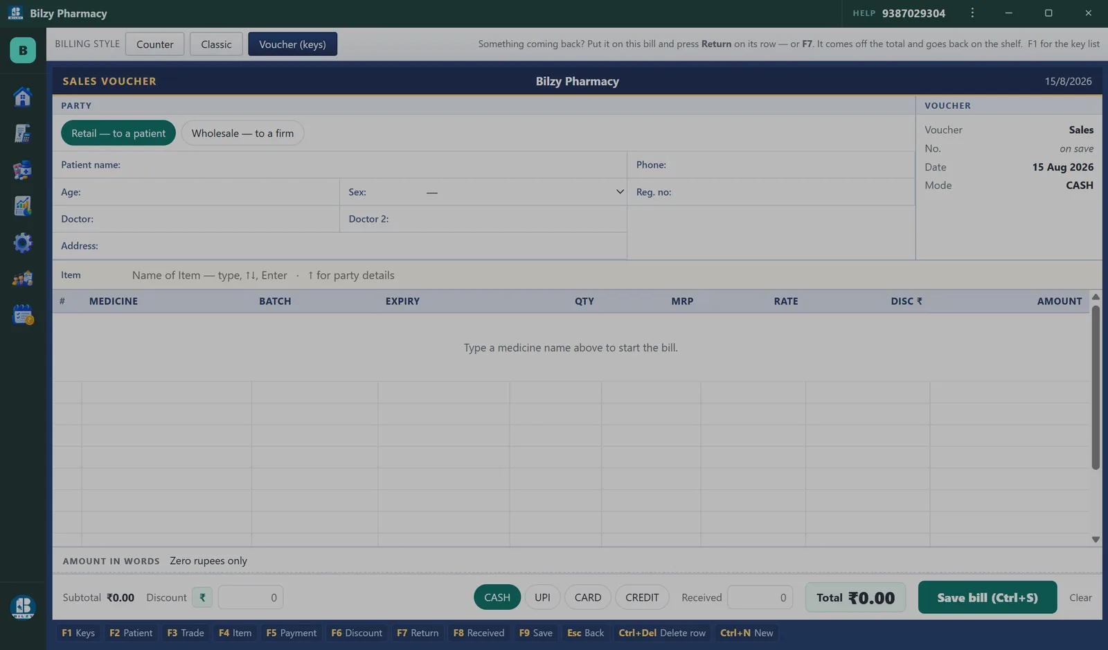 Bilzy Pharmacy sales voucher billing screen showing medicine, batch, expiry, quantity, MRP, rate, discount and amount columns with function key shortcuts