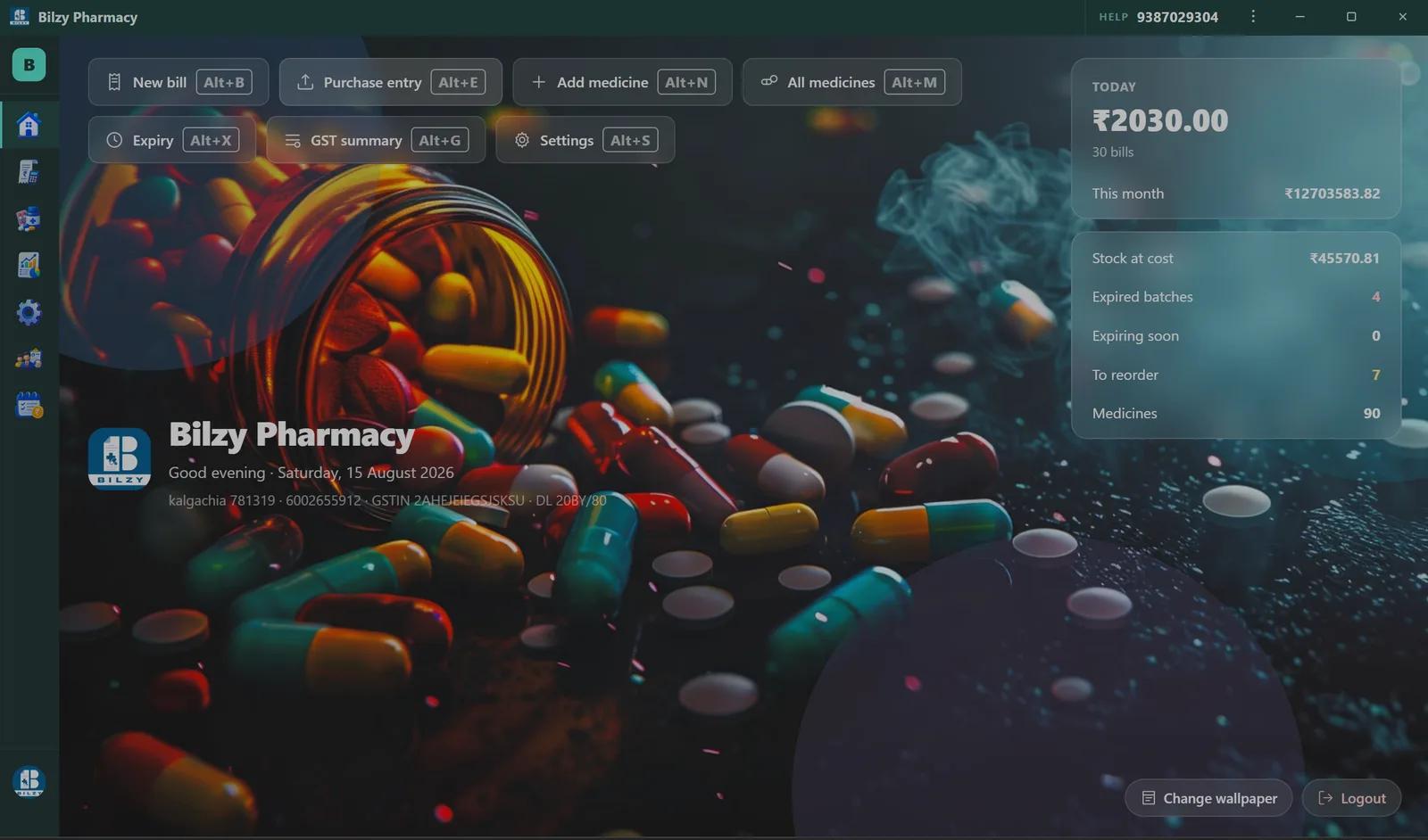 Bilzy Pharmacy Windows dashboard showing today's sales, stock at cost, expired batches, expiring soon and medicines to reorder