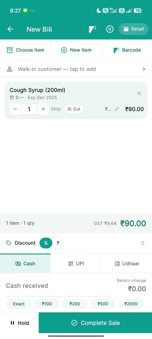 Bilzy Pharmacy Android app new bill screen