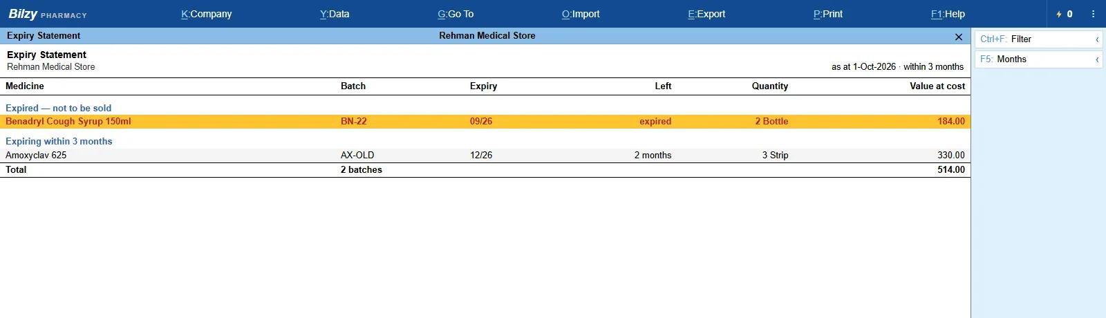 Bilzy Pharmacy expiry statement listing batches by expiry month