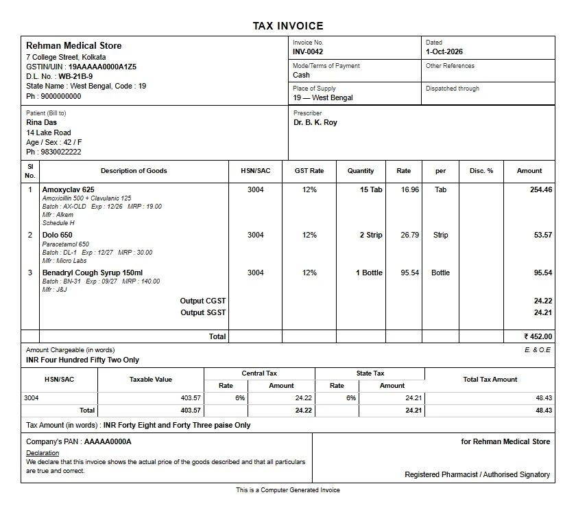 Bilzy Pharmacy tax invoice with drug licence number, batch, expiry, MRP and prescriber