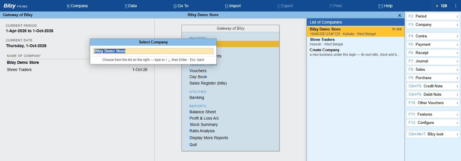 Bilzy Tally-style Select Company list with two businesses