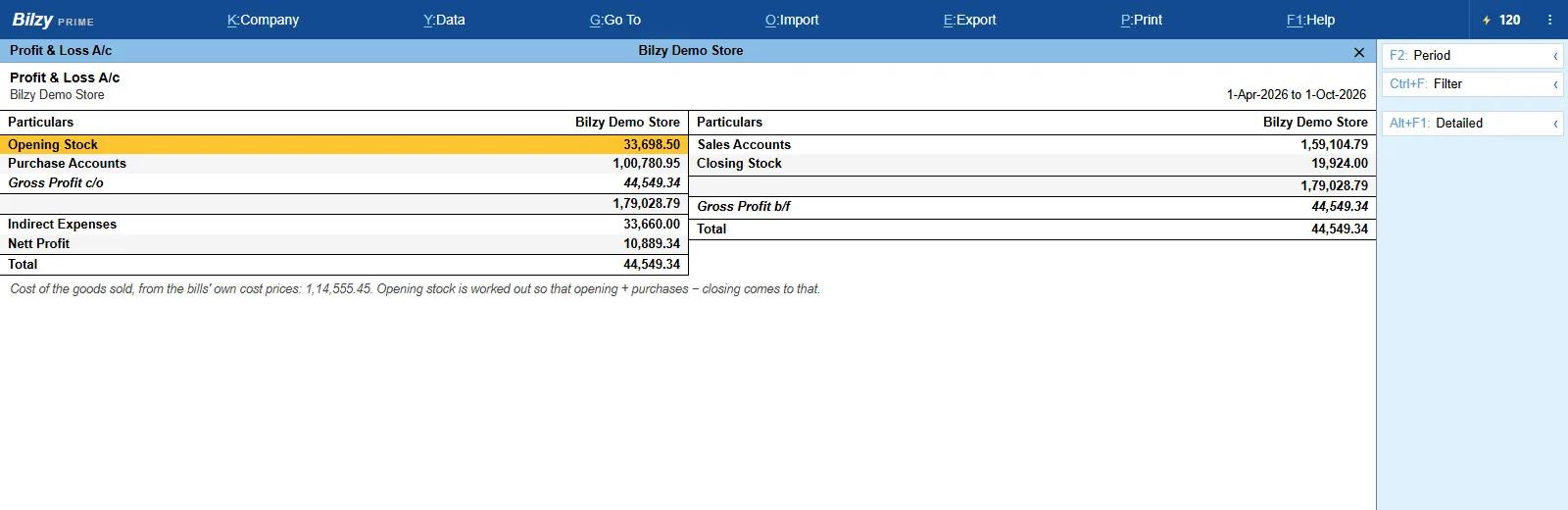 Bilzy Tally-style profit and loss account